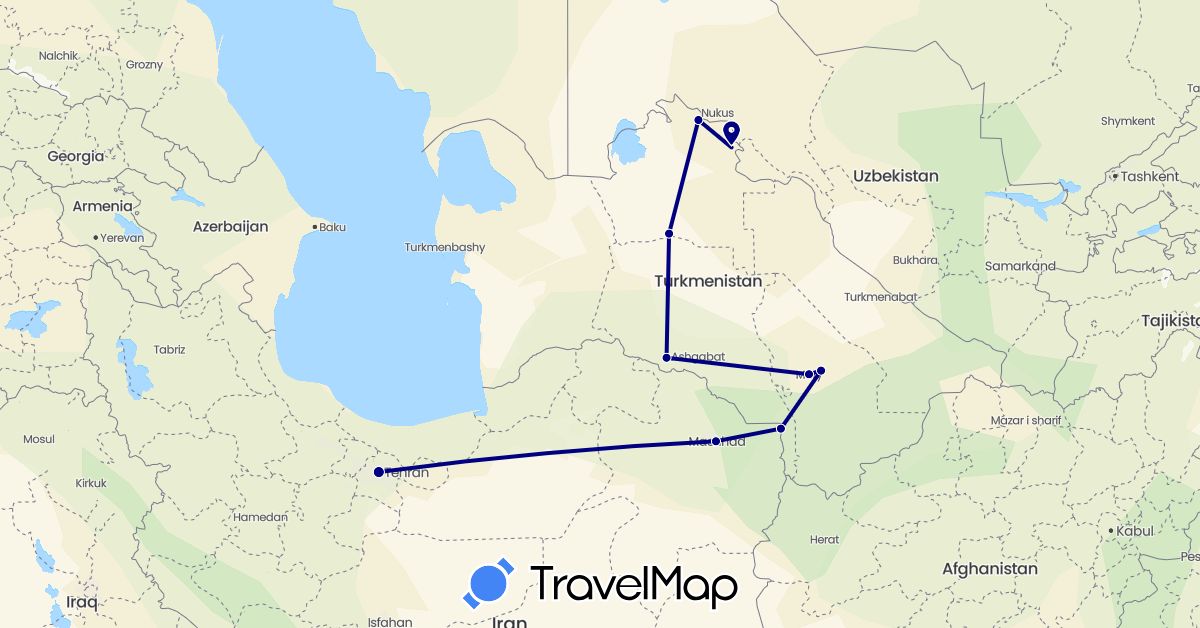 TravelMap itinerary: driving in Iran, Turkmenistan (Asia)