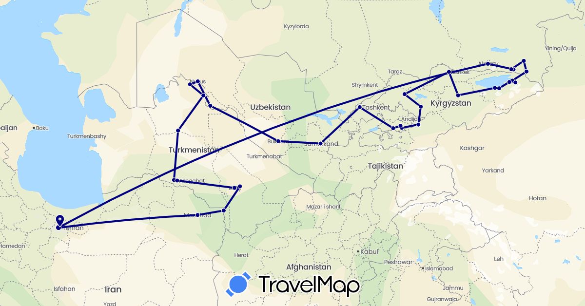 TravelMap itinerary: driving in Iran, Kyrgyzstan, Kazakhstan, Turkmenistan, Uzbekistan (Asia)